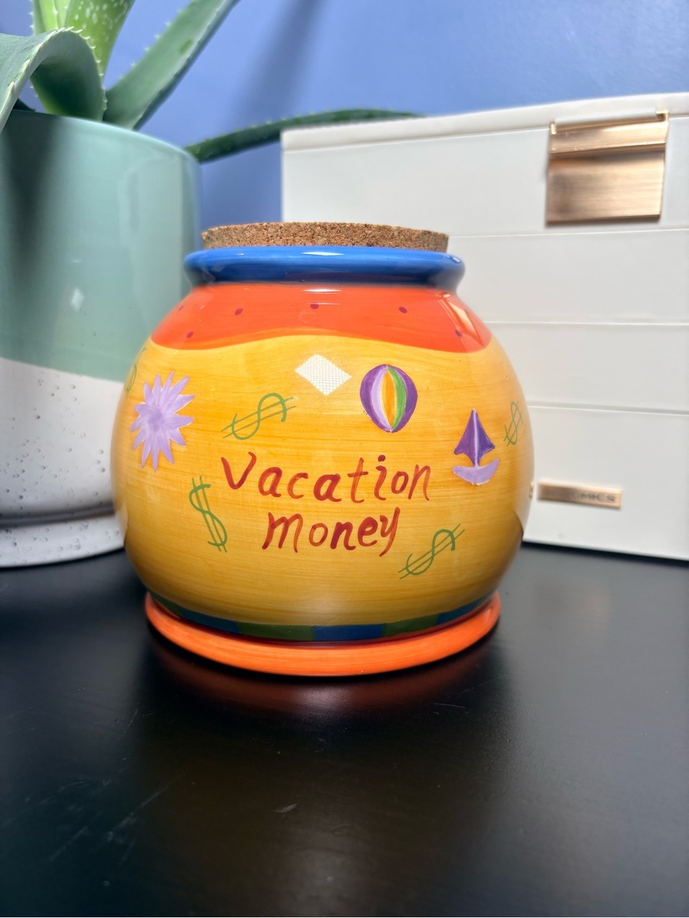 Cork Top Piggy Bank 'Vacation Money' Ceramic Jar